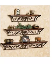 Handcrafted Antique Finish Wooden & Wrought Iron Handmade Wall Shelf Set of 3