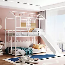 Twin Over Twin Metal Bunk Bed with Slide and Ladder House Bunk Bed with Roof