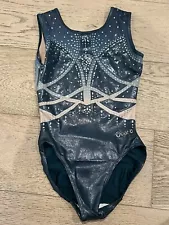 Quatro Girl’s Size AXS Smoky Blue Competition Leotard Gymnastics Jeweled