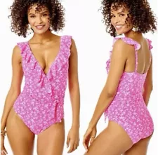 NWT Lilly Pulitzer Delphie Aura Pink Check You Out One Piece Swimsuit Size 14