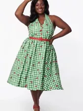 Unique Vintage Ladybug Green Gingham Halter Dress Size Med. NWT *NO BELT