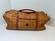 Vintage MCM Monogram Cognac Brown Leather Munchen Duffle Bag