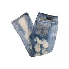 Robin's Jean Bleach Acid Wash Painted Heavily Embellished Studded Short Flap 44