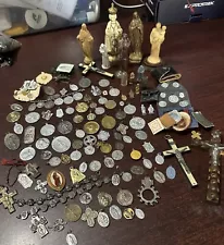 Antique Vintage Catholic Religious Medals Statues Pocket Shrine Saints Relic Lot