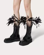 New! Valentino Garavani ROCKSTUD M-WAY COMBAT BOOT FEATHER IT 40