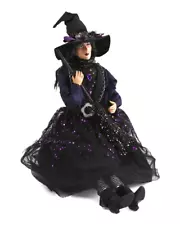 Moonlight Manor Blk Halloween Witch Shelf Sitter Broom Purple Brooch 8"X28"H NEW