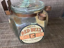 Antique Bagley's Red Belt Tobacco Glass Jar w/ Lid & Pipe Match Holders RARE