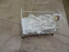 Antique Old Metal Doll Bed Crib Cot on Wheels w Doll Vintage 10" x 6" x 7"