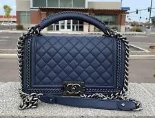 CHANEL Boy Chain Top Handle Navy Blue Calfskin Medium Flap Bag