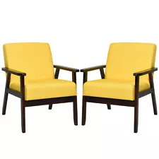 Set of 2 Fabric Accent Chair Armchair Solid Wood Upholstered Lounge Chair Yellow