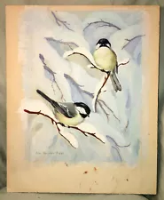 Joan Beringer Pripps Painting Birds Snow Tree 15x12 1/16 Paper On Particle Board