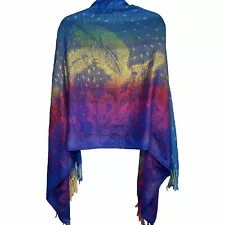 Colorful Peacock Feather Shawl Wrap Scarf Wall Hang with Tassels Multicolor Boho