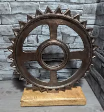 Large 15.5" Steampunk Metal Gear Art Sculpture On Wood Base Industrial Decor