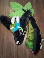 Black Green Wolf Dragon Fursuit Partial Animal Costume Mascot Head And Tail!