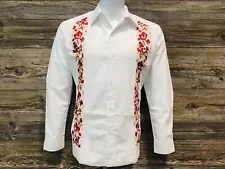 Men's Guayabera Wedding Dress Shirt White Linen Red Flower Double Embroidery