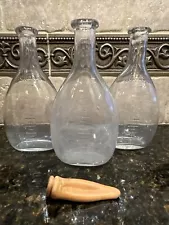 (3) ANTIQUE EMBOSSED OVAL GLASS NURSING INFANT BABY BOTTLES 8 oz & (1) NIPPLE