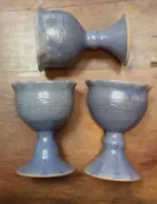 Vermont Pottery. Artist Signed. Set of 3. Snowy Blue Glaze. Drip Glaze.