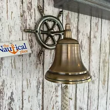 7" Ship Wheel Bell w/ Rope Lanyard - Antique Brass Finish - Nautical Wall Decor