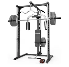 Donow Smith machine, squat rack , bench press , rdls, rows , lat pull-down.