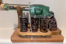 Vtg Tequila Glass Pistol Revolver Gun Shaped Bottle / 6 Shot Glasses Wood Holder