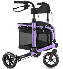 WALK MATE 3 Wheel Rollator Walker w/Seat for Slim Seniors 8" Wheels - Purple