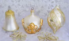 Three Vintage Silver & Gold Glass Christmas Ornaments