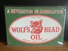 WOLF’s HEAD MOTOR OIL VINTAGE METAL SIGN 8X12” NIP FOR SHOP-MAN-CAVE-OFFICE-