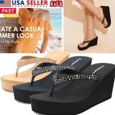 Womens Flip Flops High Wedge Heel Platform T-strap Open Toe Thong Beach Sandals