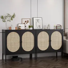 Set of 2 Rattan Storage Cabinet Kitchen Sideboard Buffet Console Table Cupboard