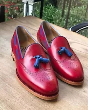 Premium Quality Red Leather Loafer Moccasin Slip on Brogue Party Wear Dress Shoe