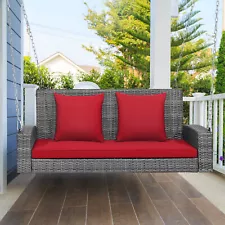 2-Person Patio PE Wicker Hanging Porch Swing Bench Chair with Soft Cushion