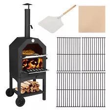 Outdoor Wood Fired Pizza Oven Pizza Maker Grill w/ Wheels & Built-in Thermometer