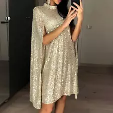 Sequin Party Dresses for Women 2024 Golden Elegant Cloak Sleeve Patchwork Loose