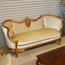 Beautiful French 2 seater love seat mahogany wood antique gold leaf white velvet