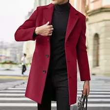 Men Single Breasted Trench Coat Winter Pea Coat Notch Lapel Long Casual Overcoat