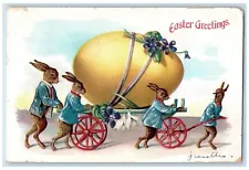 Easter Greetings Anthropomorphic Rabbit Pulling Cart Giant Egg Flowers Postcard