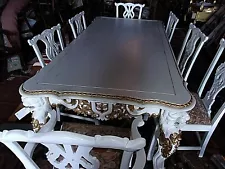 HAND CARVED SOLID MAHOGANY WHITE DINING ROOM TABLE AND 8 CHAIRS TABLE 92" X 44"