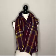 Scarf Wrap Womens OS 70 x 26 Purple Red Yellow Plaid Fringe Winter Accessory