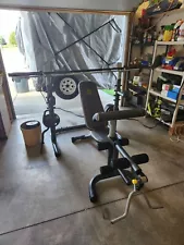 Gold's Gym XRS 20 Olympic Workout Bench W/ Squat Rack & Preacher Pad + Weights