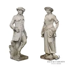 English Style Vintage Pair Figural Cast Stone Garden Statues