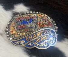 trophy buckle team roping Finals By Champion Header 2023 Lazy E Cowboy Rodeo