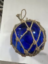 Vintage Nautical Glass Buoy Floats Blue with Ropes 8"