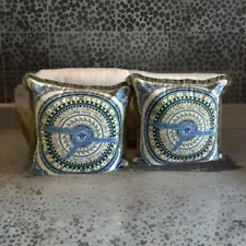 Pair Of 2 Custom Made Medusa Versace Pillows Sz18”18” Blue /ivory Velvet