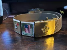 1980s BSA boy scout belt with metal buckle with 4 metal merit badge slides