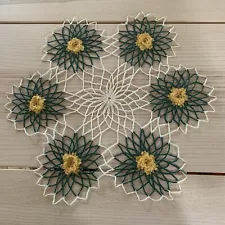 Vtg 3D Floral Doily Table Centerpiece Runner YellowGreen Rosettes Handmade AS IS