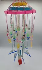 Vintage Original Hand painted Japanese Glass Wind Chime 3 Tiers Tricolor Tag Box