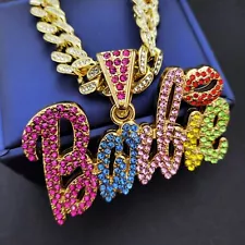 Women Rainbow Color Barbie Icy Charm & Iced Cubic Zirconia Cuban Chain Necklace