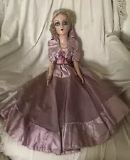 1920's ANTIQUE BOUDOIR BED DOLL Art Deco COMPOSITION EYELASHES 28" Purple Dress