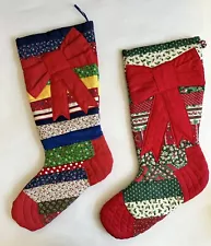 Christmas Stockings Handmade Quilted Patchwork Red Bows 19” Set Of 2 Country