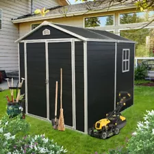 Outdoor Resin Plastic Storage Shed with Window & Floor & Lockable Door Black